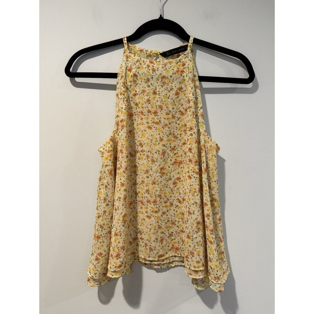 Zara Basic Top Small Yellow Floral Lightweight Flowy Travel Beach Preppy Twee